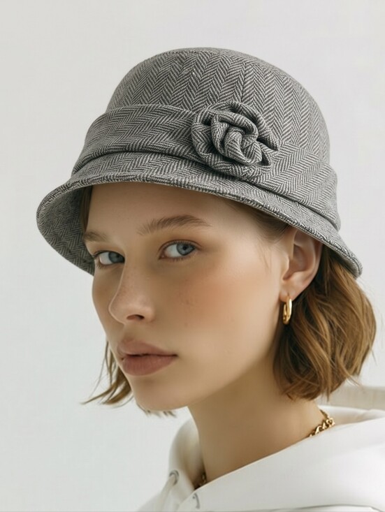 Place Other - Girls Gray Tweed Herringbone Cloche Hat Wool Blend Vintage Brimmed Lined Fedora